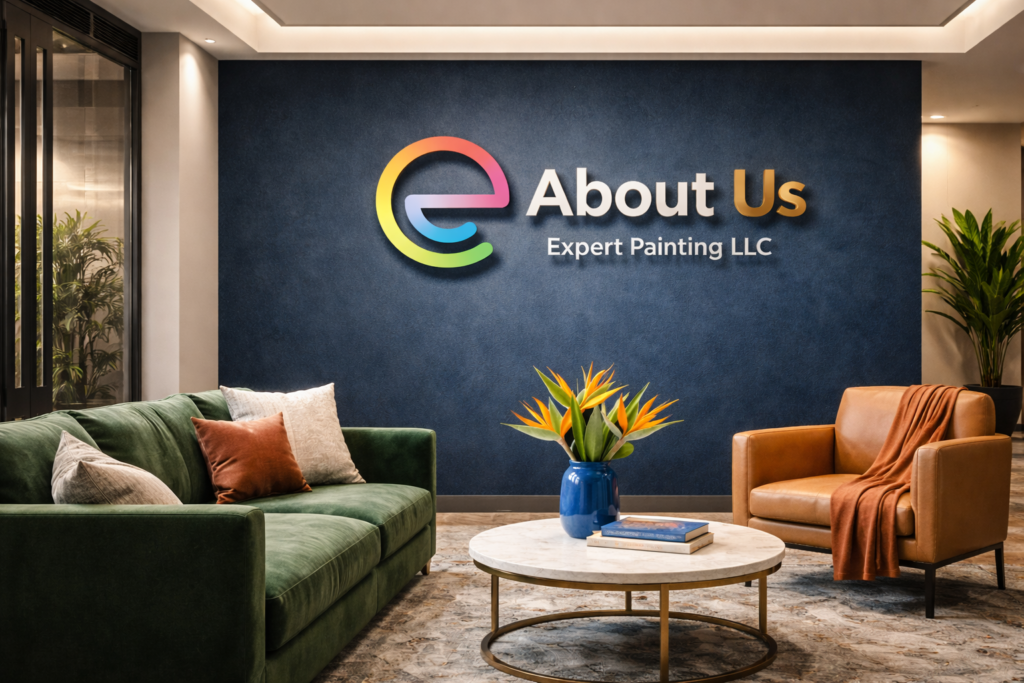 About Expert Painting LLC displayed on a custom painted feature wall inside a high end office space
