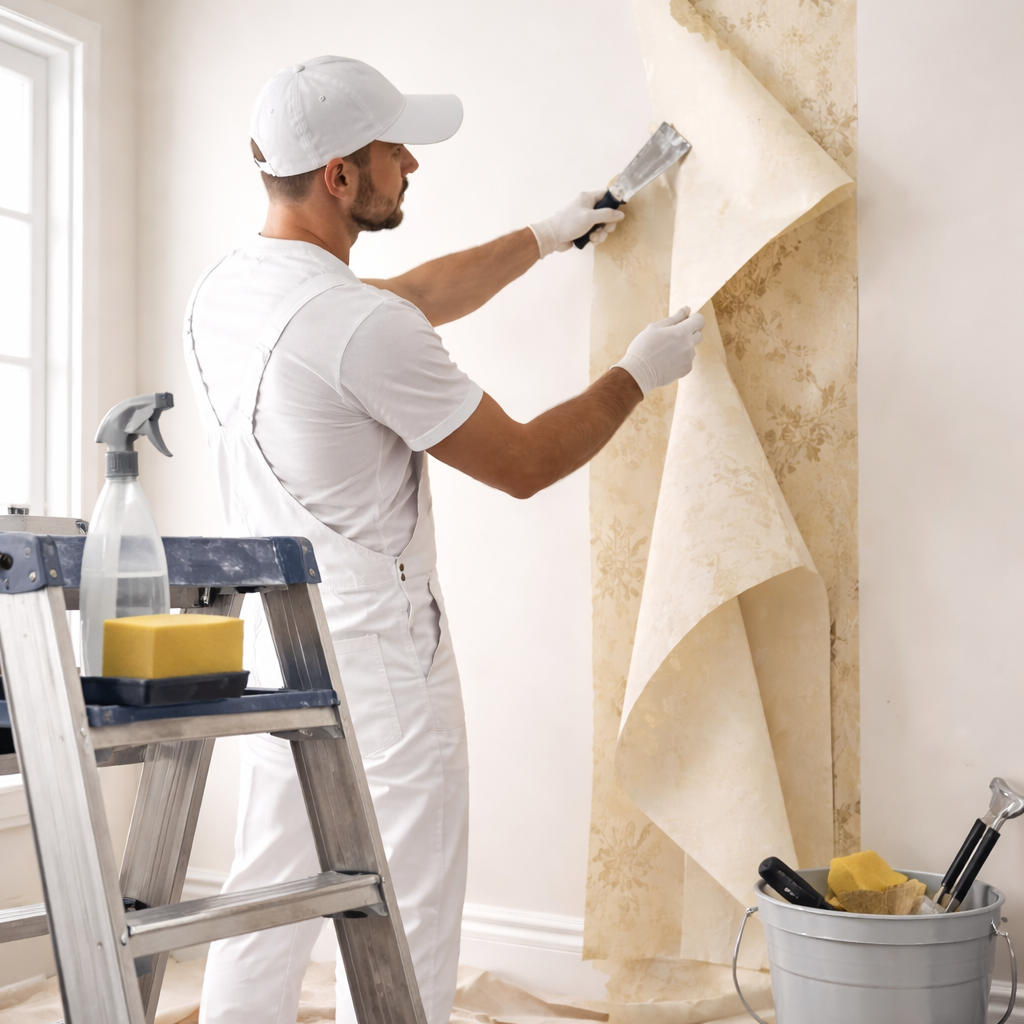 Professional wallpaper removal services in Milwaukee, carefully preparing walls for interior painting