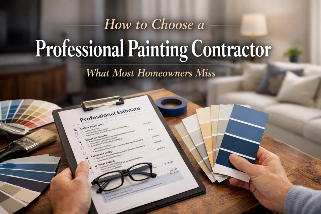 Homeowner reviewing a professional painting estimate and color samples before hiring a painting contractor