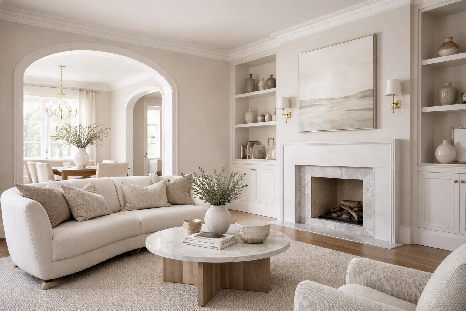 High-end living room showcasing interior paint design with balanced neutral tones, visual flow, and soft natural light