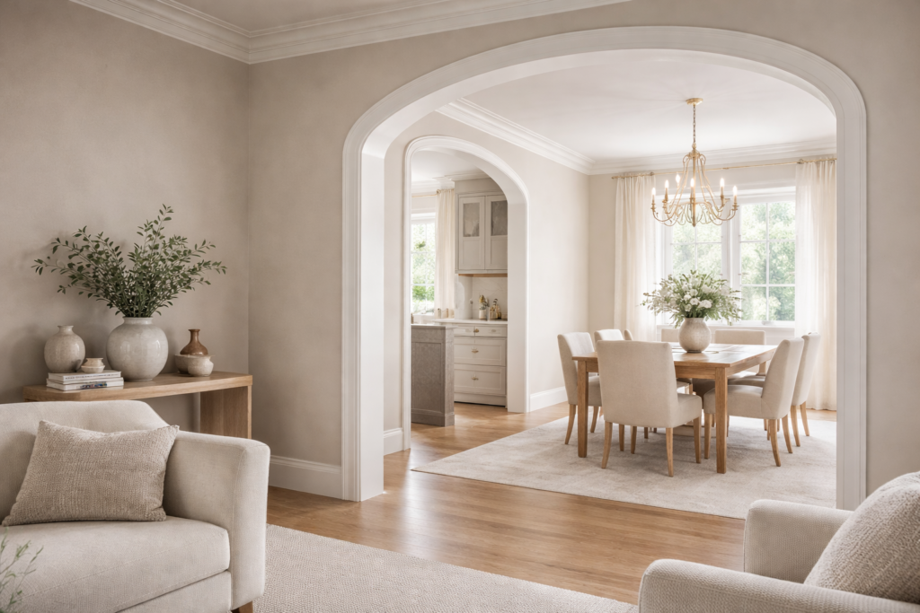 Connected living and dining spaces demonstrating interior paint flow with complementary neutral tones and seamless room transitions