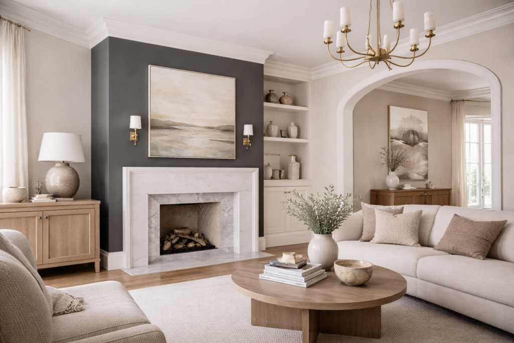 Living room demonstrating interior paint visual weight with a dark accent wall anchoring the space and lighter surrounding surfaces