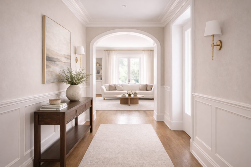 Cohesive interior where interior paint supports architectural details and creates a balanced, complete design