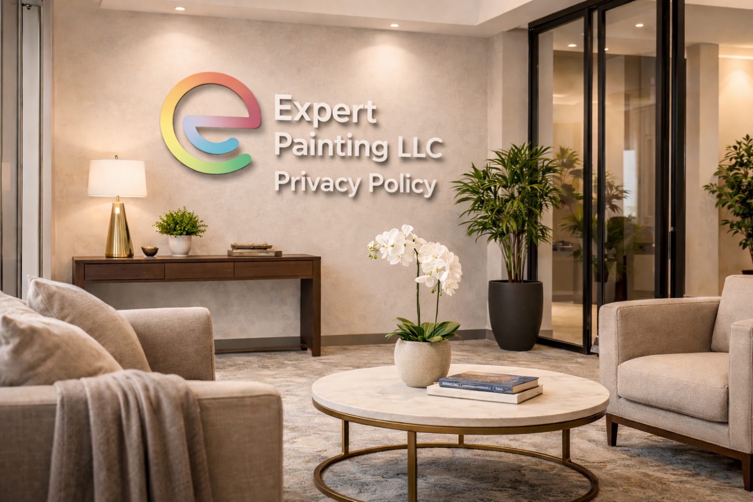 Expert Painting LLC privacy policy page showing professional office interior in Milwaukee