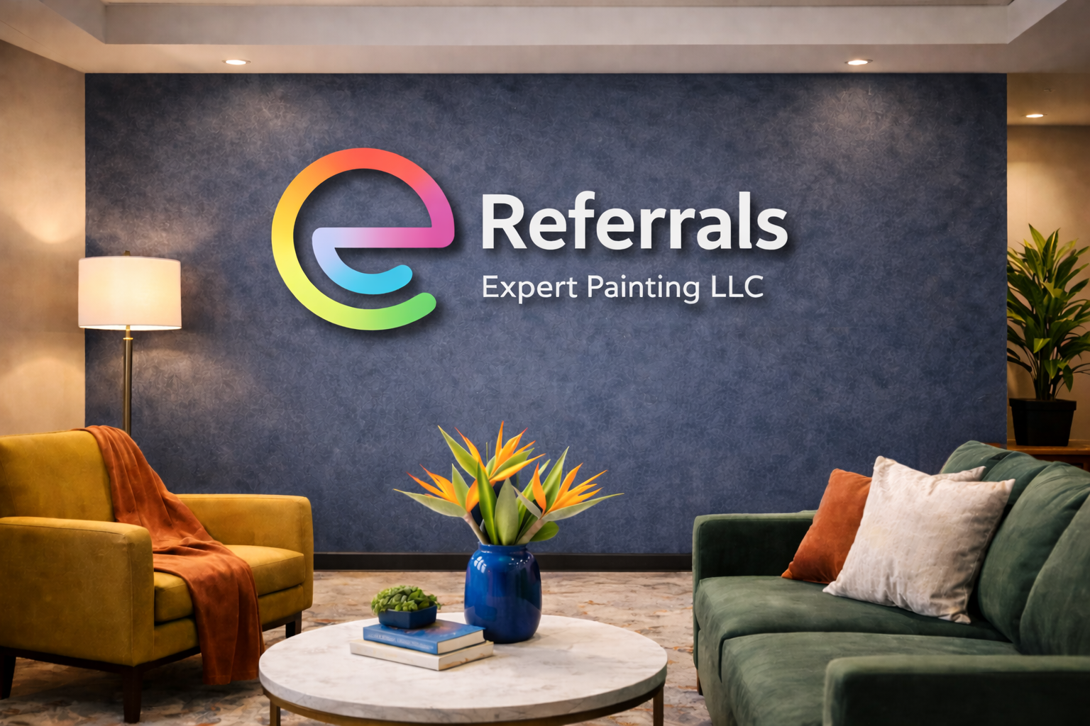 Referral program office interior by Expert Painting LLC featuring centered brand signage and modern design