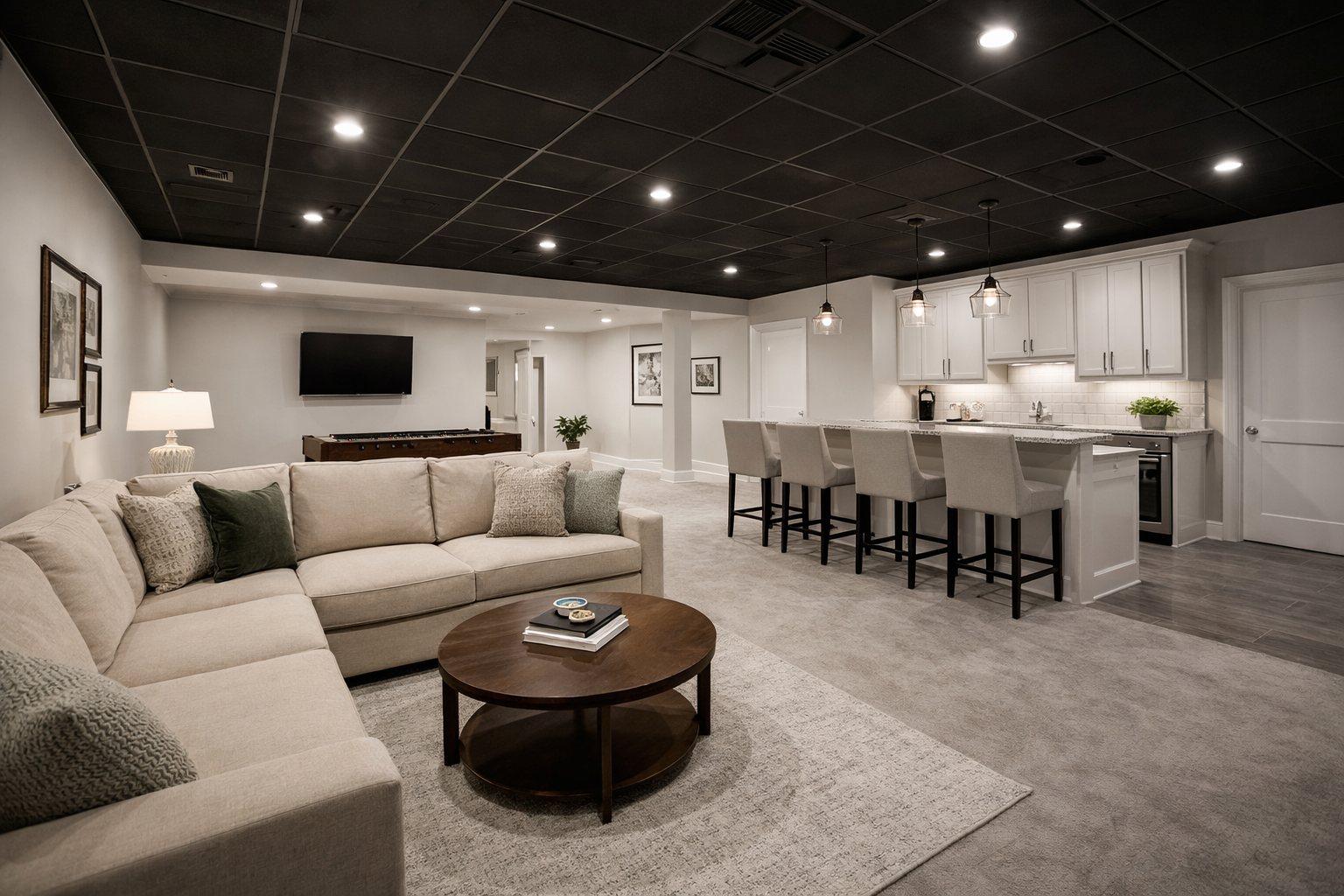 Finished basement in Glendale WI with black dryfall ceiling and recessed lighting painted by Expert Painting LLC