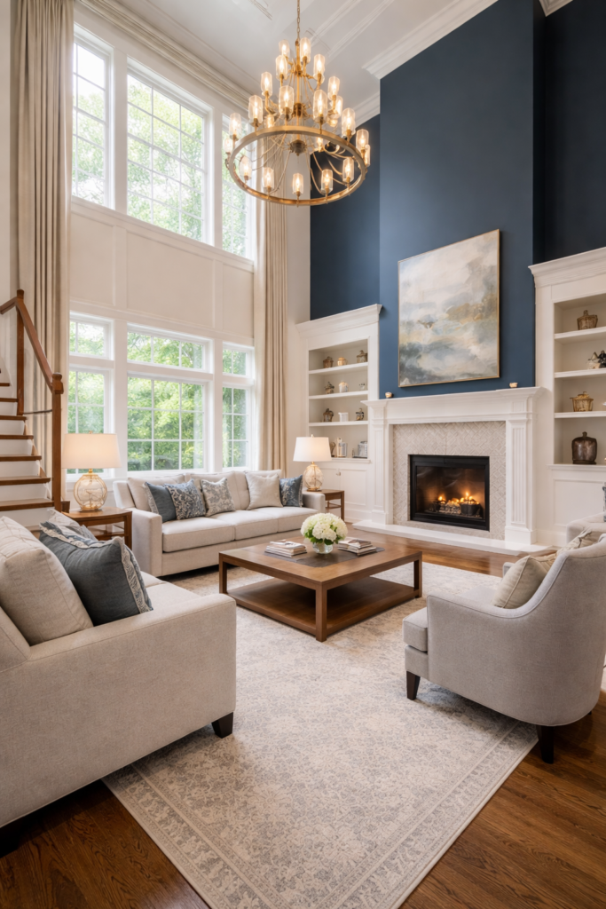 High end painted living room in Fox Point WI home with detailed trim and clean finish by Expert Painting LLC