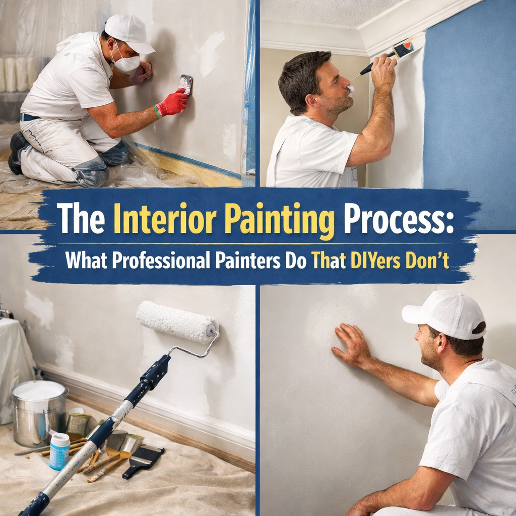 Professional interior painting process showing wall preparation, brush cutting, and roller application