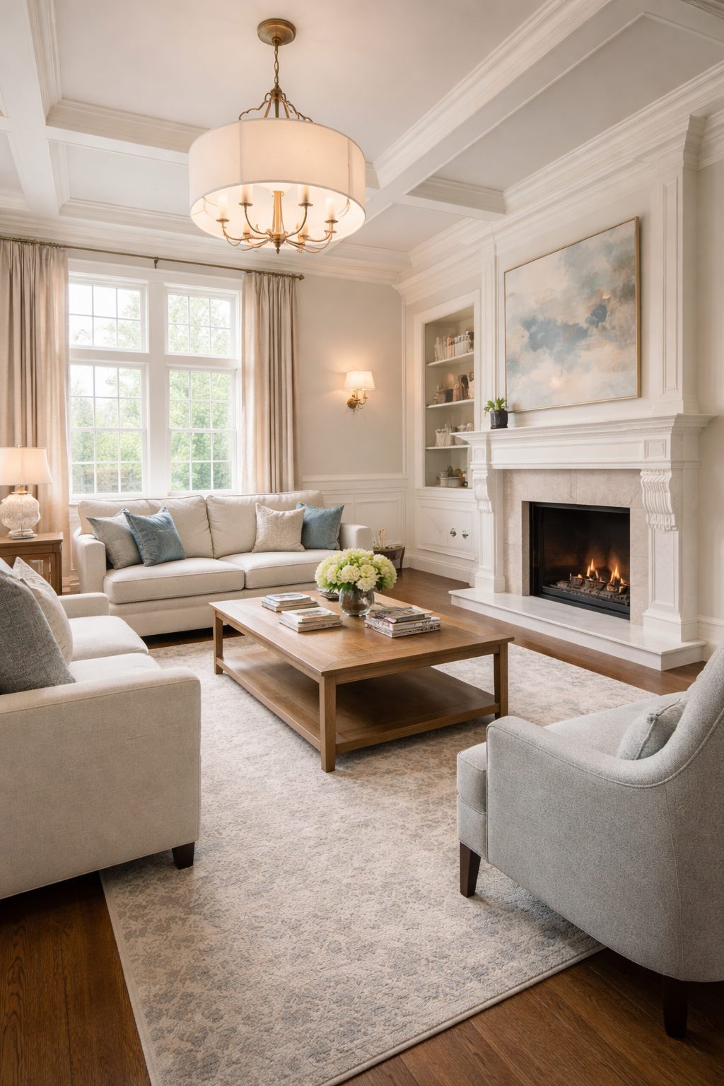 High end painted living room in Shorewood WI home with detailed trim and clean finish by Expert Painting LLC