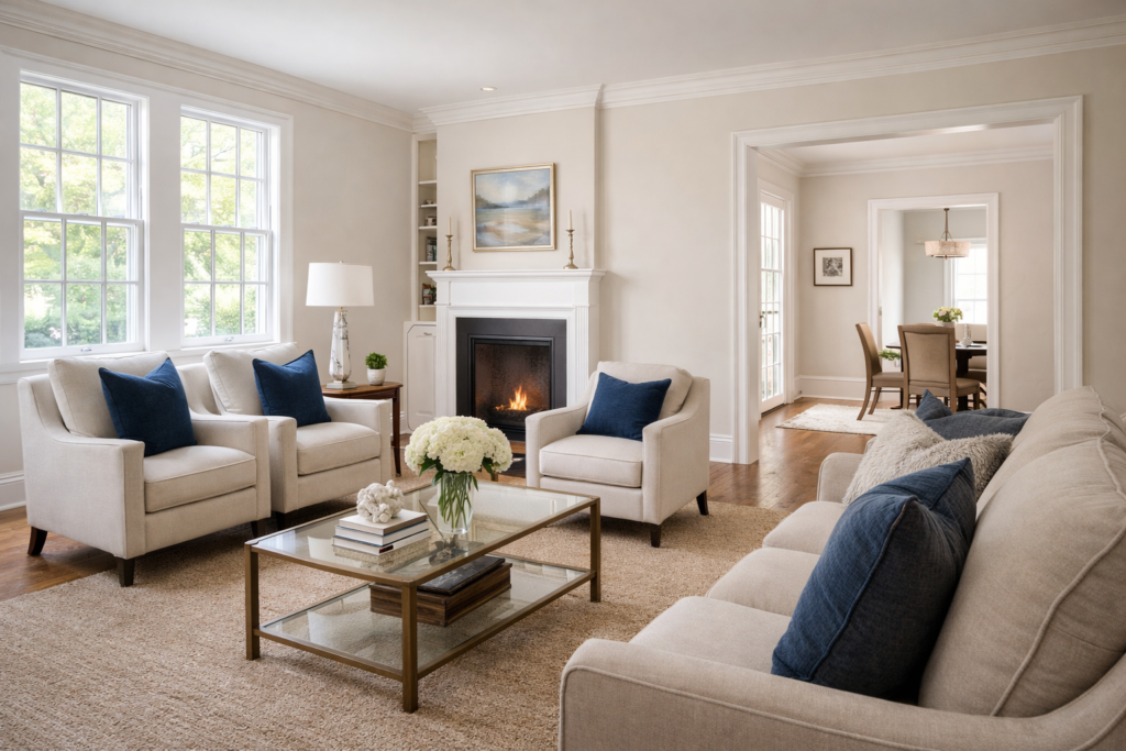 Freshly painted living room in Wauwatosa WI home with neutral walls and white trim by Expert Painting LLC