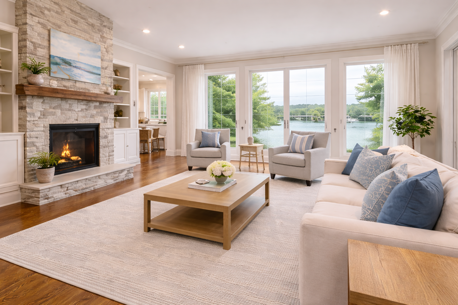 High end painted interior in Oconomowoc WI lake home with large windows and clean finishes by Expert Painting LLC