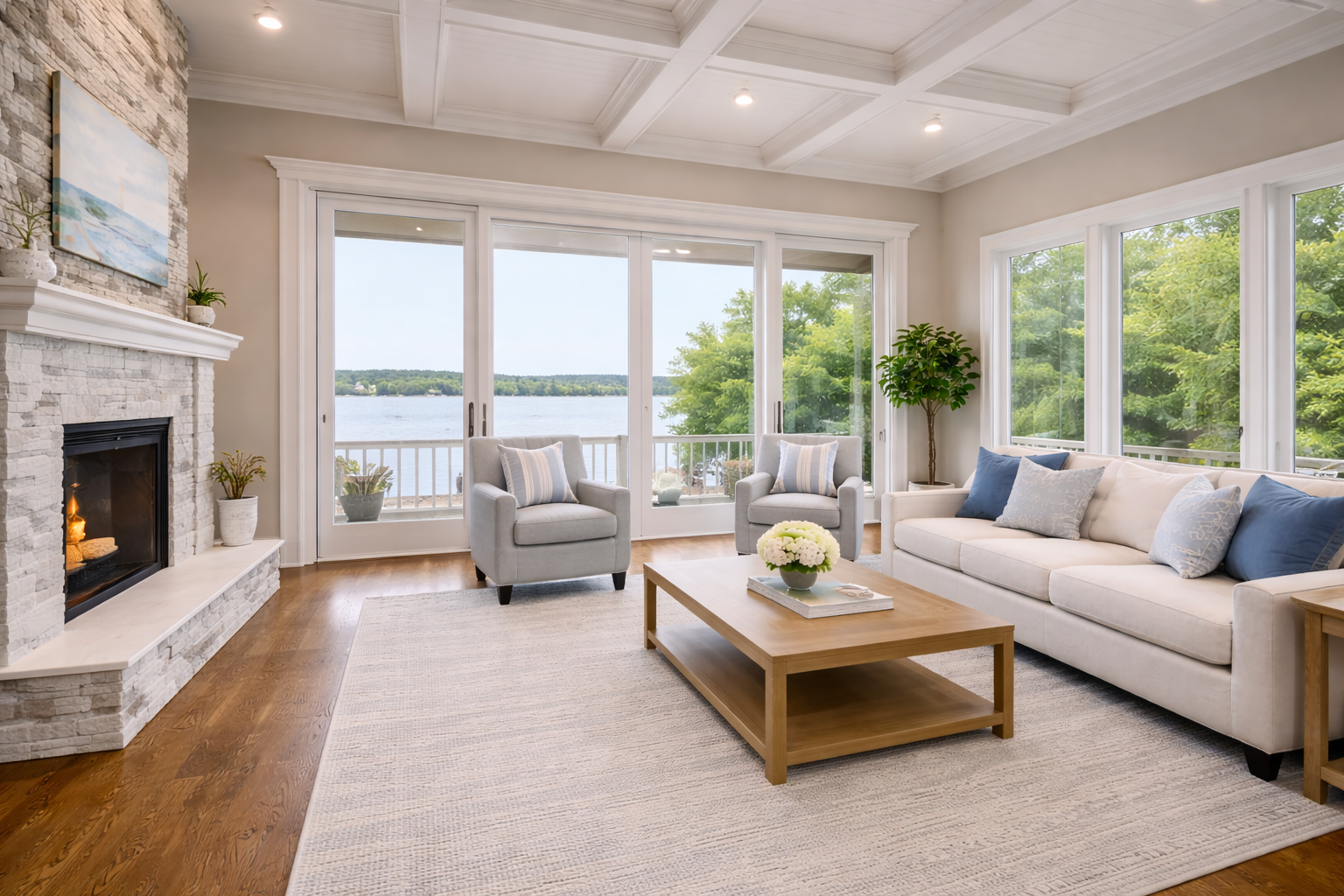 High end painted interior in Pewaukee WI home with large windows and clean finishes by Expert Painting LLC