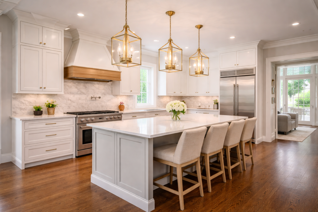 High end ranch home in Mequon WI with painted exterior and black brick detail by Expert Painting LLC