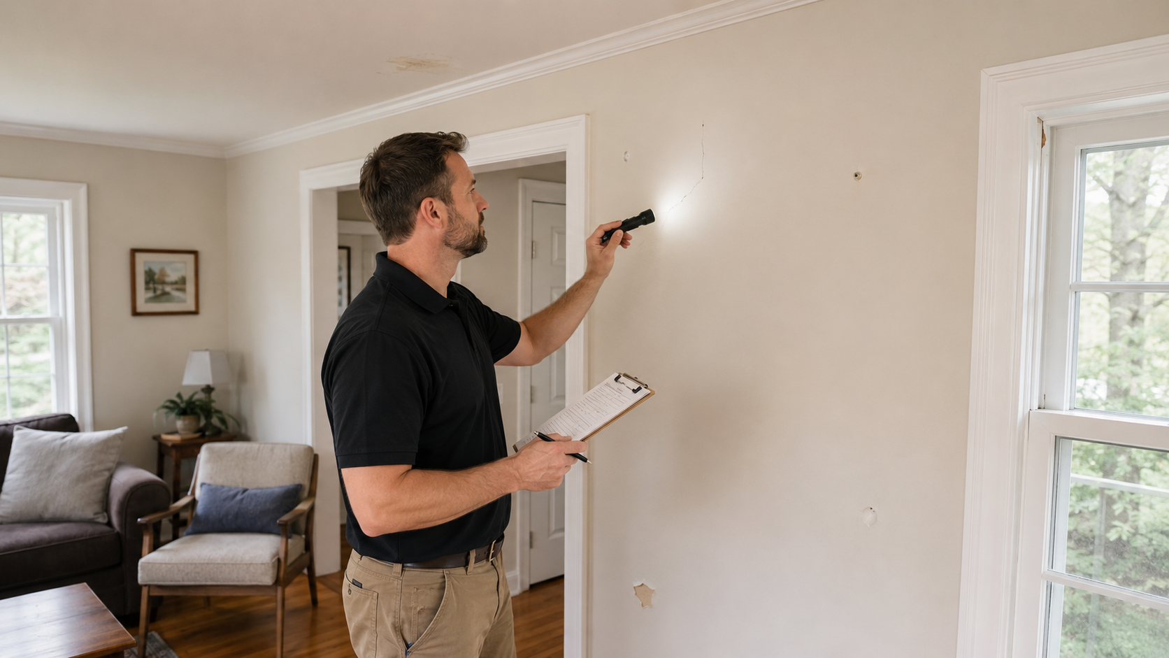 Professional painter inspecting interior walls and trim for cracks, stains, holes, and surface damage
