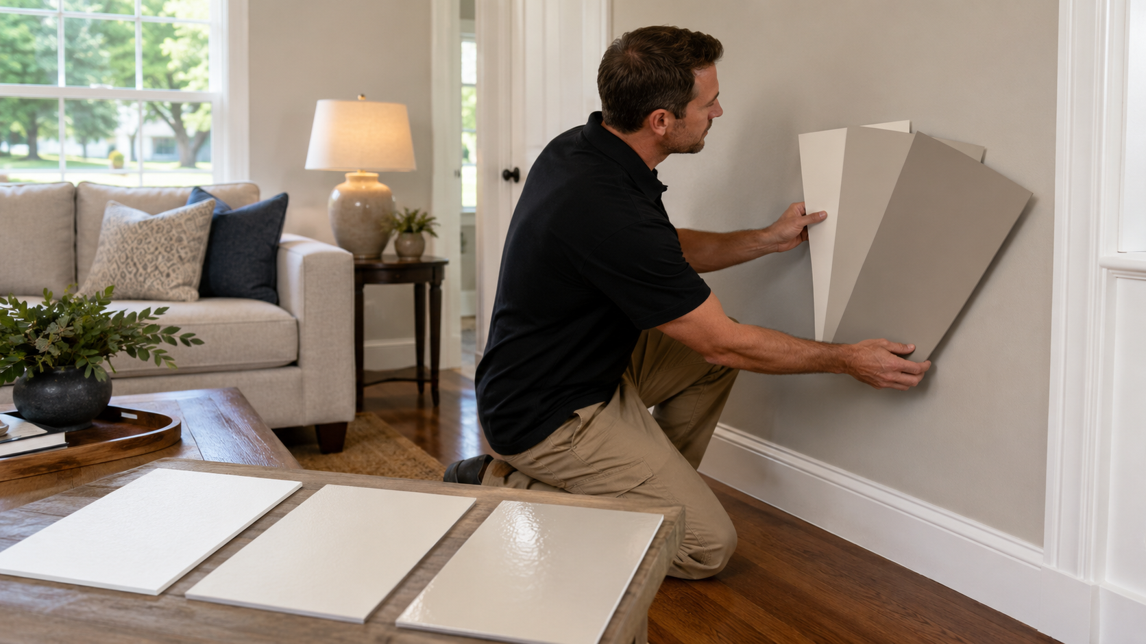 Professional painter comparing wall colors and paint sheen samples with the flooring, furniture, and lighting