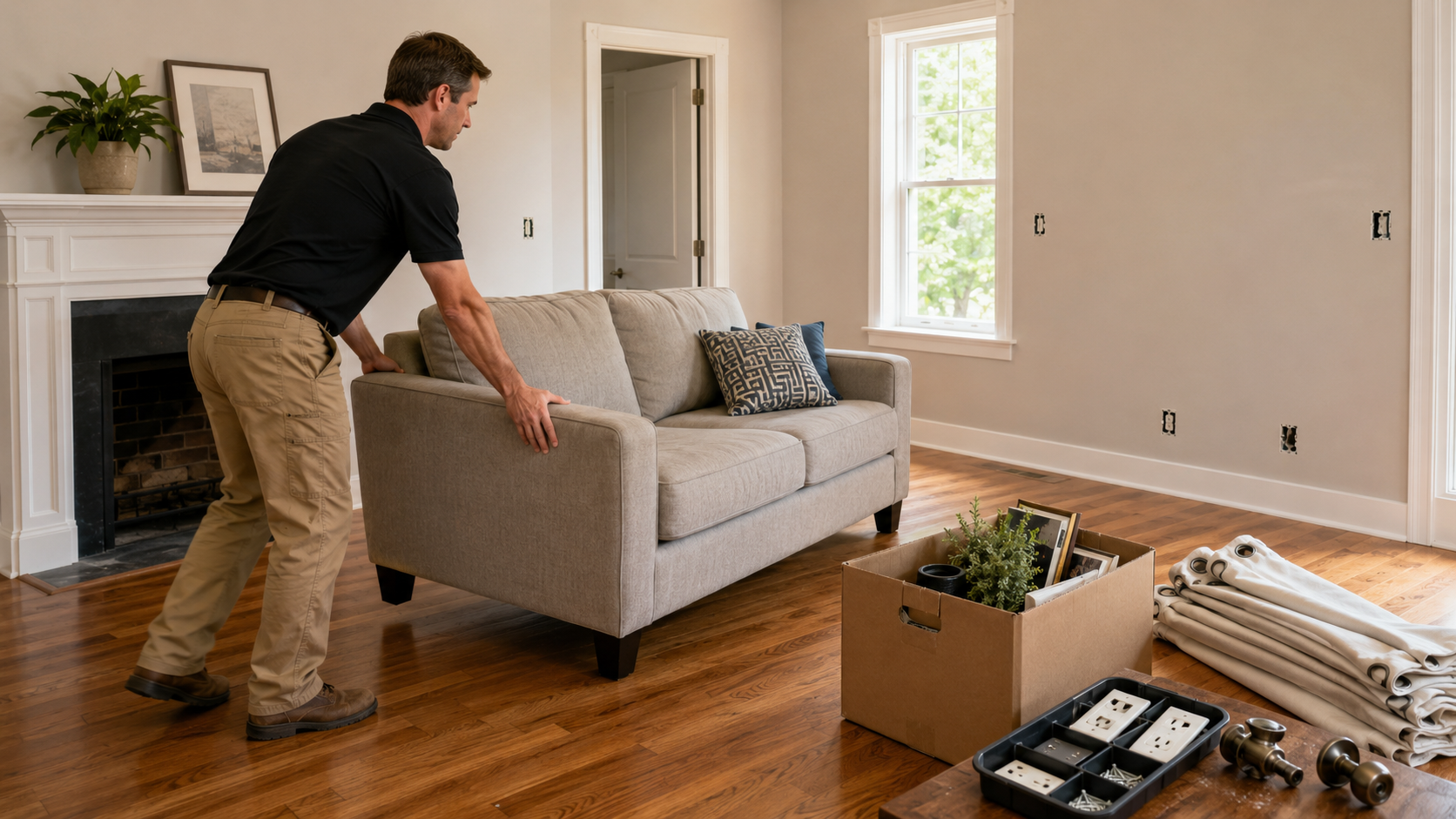 Professional painter moving furniture and removing outlet covers before preparing an interior room for painting