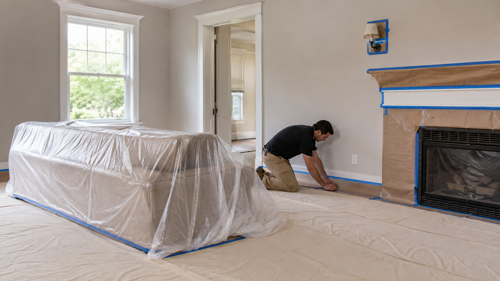Living room floors, furniture, fireplace, and fixtures protected before interior painting begins