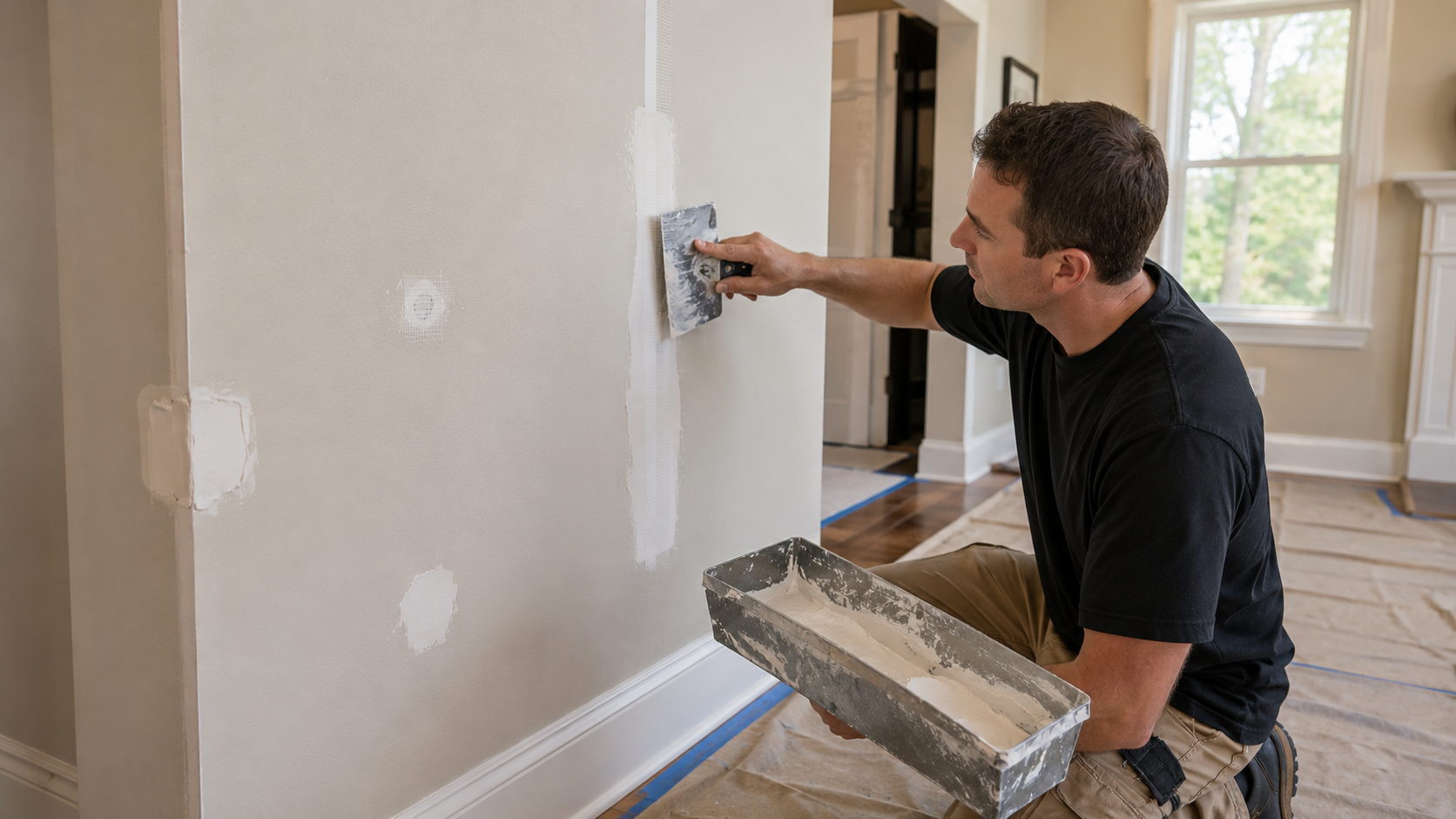 Professional painter repairing drywall cracks, holes, seams, and corner damage with joint compound