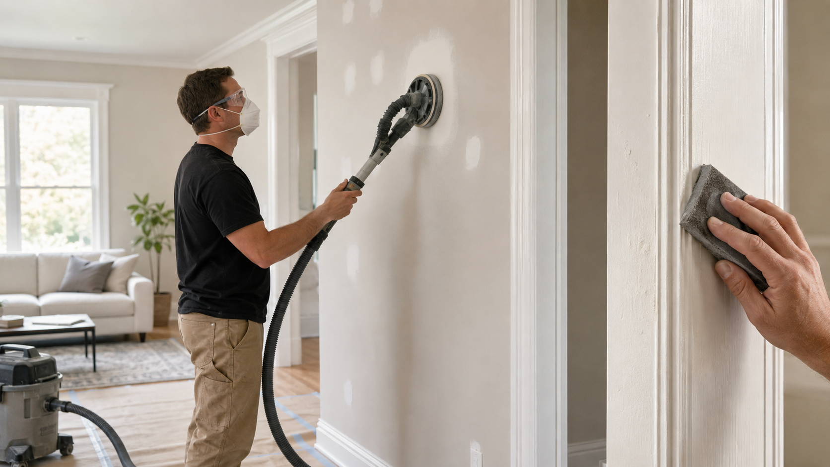 Professional painter sanding drywall repairs and painted trim with dust controlled equipment