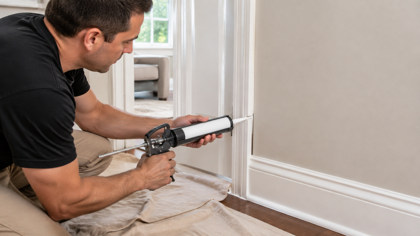 Professional painter applying a smooth bead of paintable caulk along a door casing and baseboard