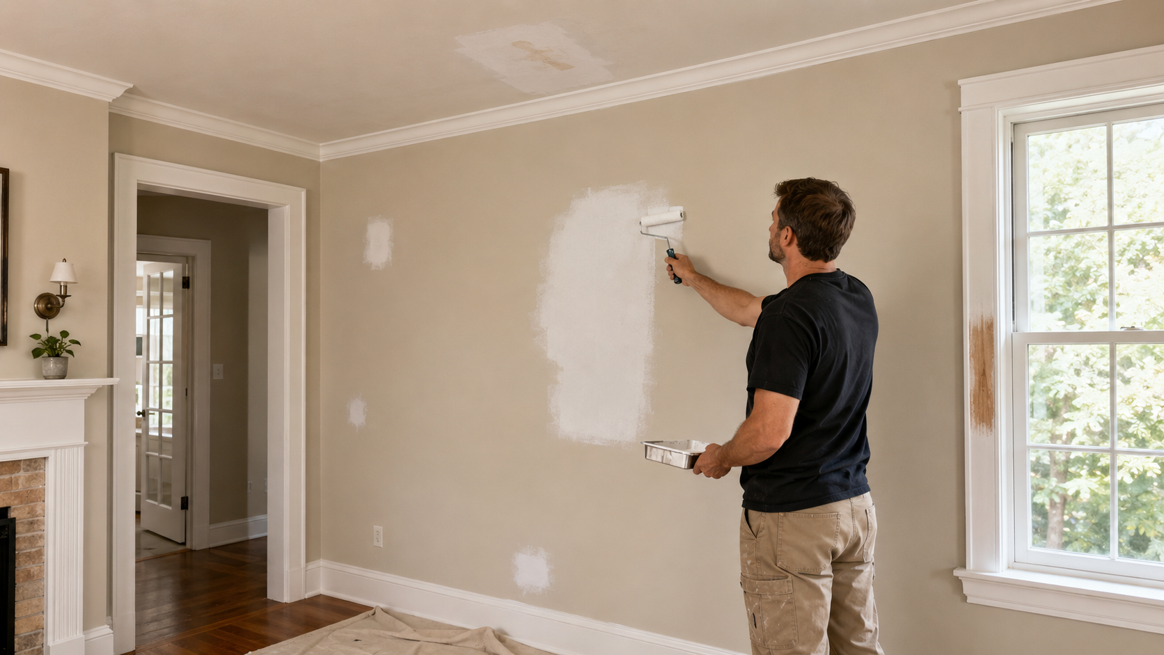 Professional painter applying primer to repaired drywall, a ceiling stain, and bare wood trim