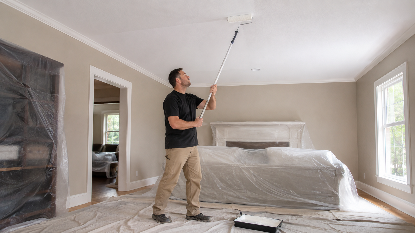 Professional painter rolling flat white paint across a protected living room ceiling
