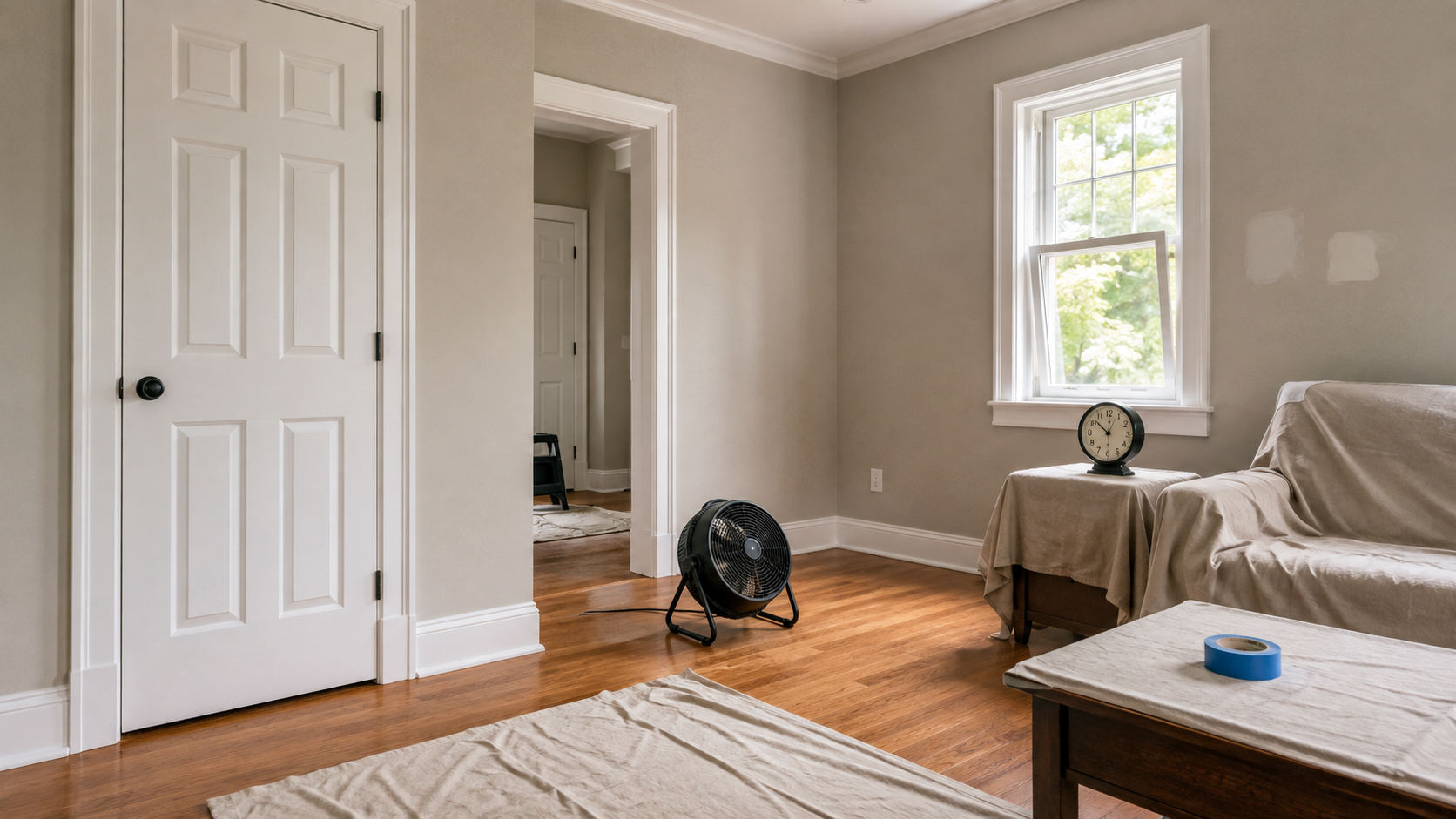 Freshly painted white trim and doors drying with airflow before wall painting begins