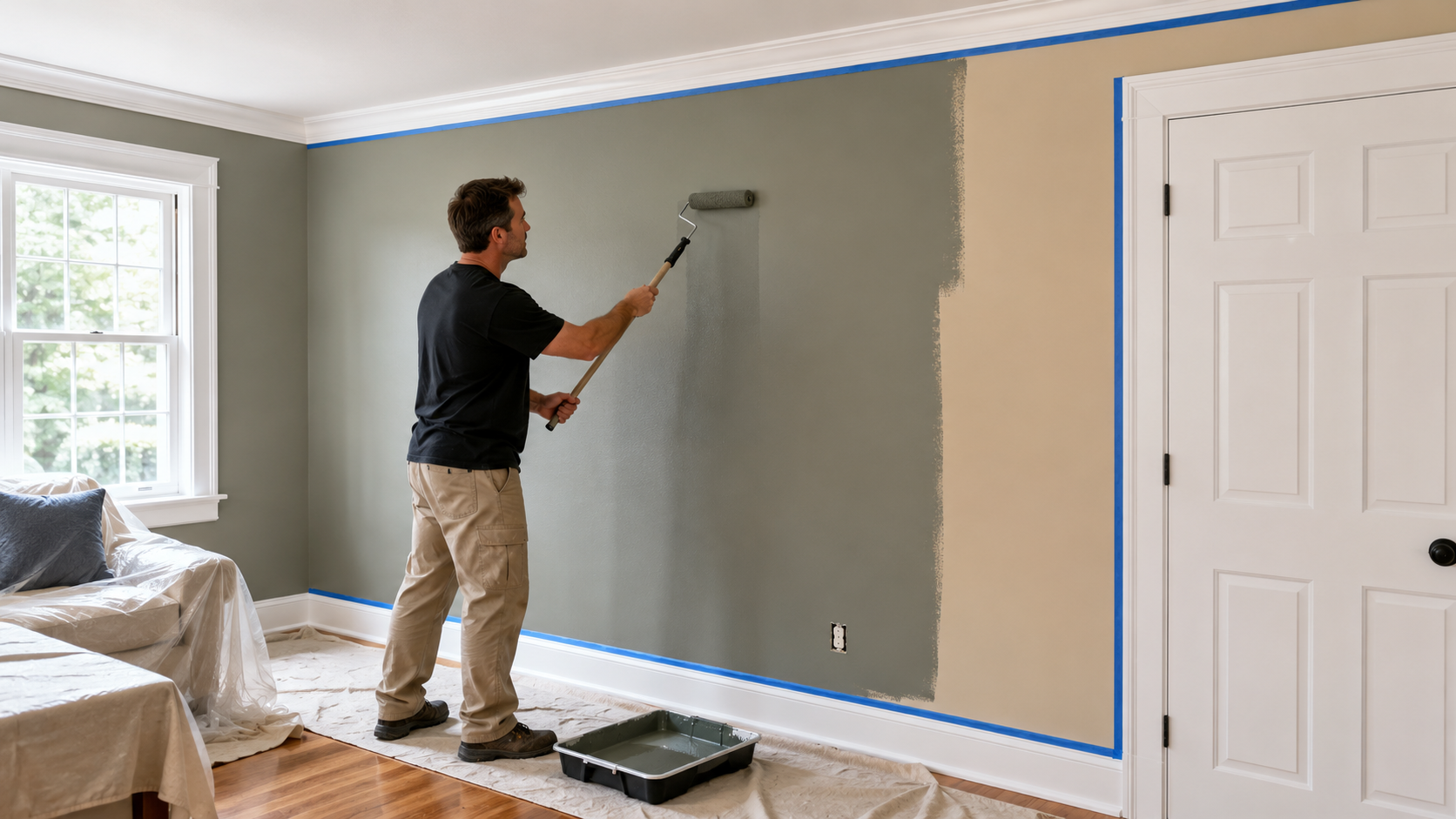 Professional painter rolling gray green wall paint after the ceiling and trim are complete
