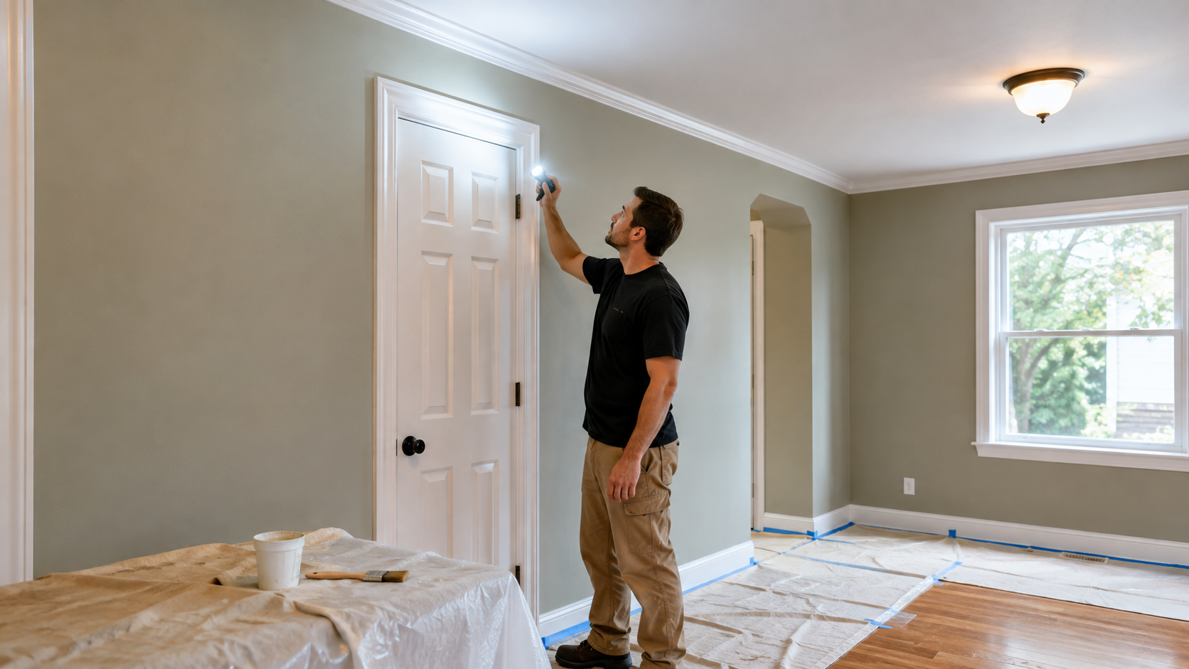 Professional painter using an inspection light to check wall coverage, trim edges, and finish quality