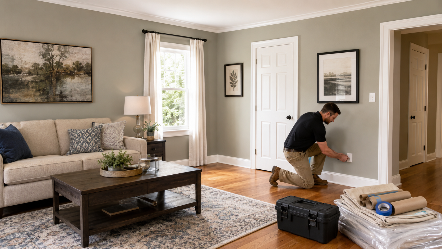 Professional painter reinstalling an outlet cover after restoring a freshly painted living room