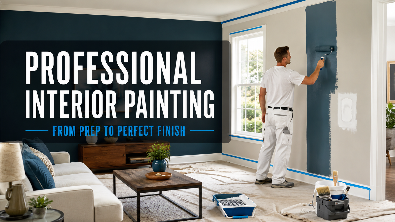 Professional interior painter following a step by step painting process in a protected living room