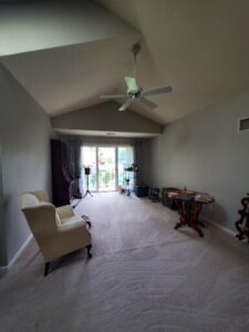 Interior repainted with bold accent walls.