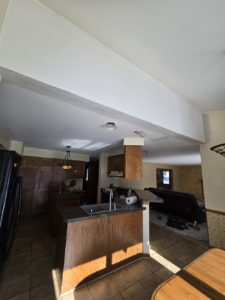Ceiling drywall repair, applied sand texture for a uniform finish, followed by two coats of high-quality Super Paint.