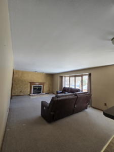 Repaired ceiling drywall, applied a sand texture for a seamless look, and finished with two coats of high-quality Super Paint.