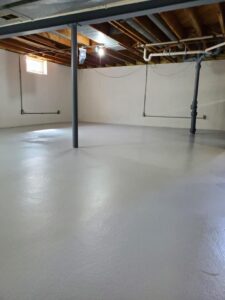 2 coats Drylok on walls, 2 coats Armorseal on floor, 2 coats enamel on support beams for protection and durability.