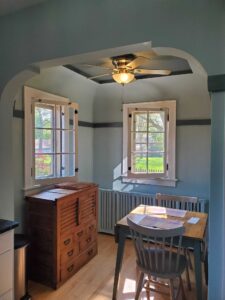 Trim and doors caulked with 3 coats of enamel. Ceilings and walls finished with 2 coats of Super Paint.